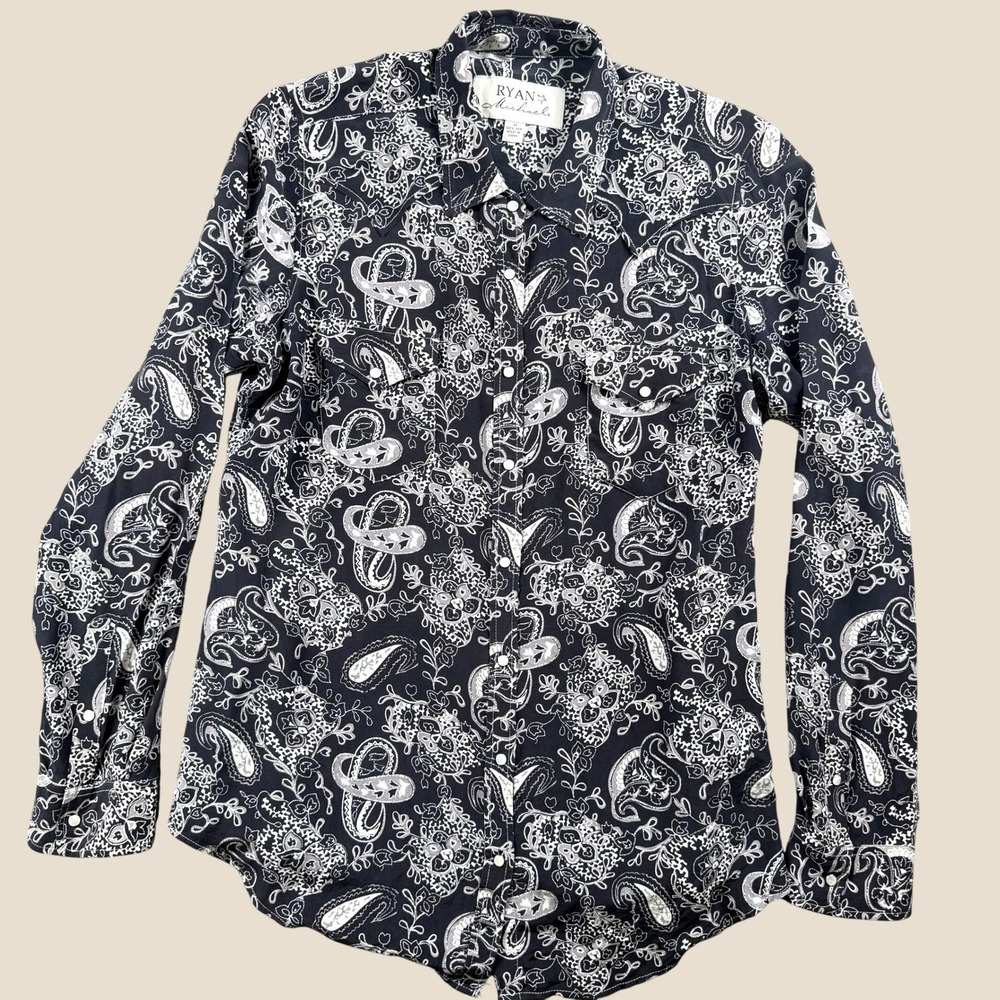Ryan Michael Western Shirt Womens M Midnight Silk Paisley Pearl Snap Long Sleeve